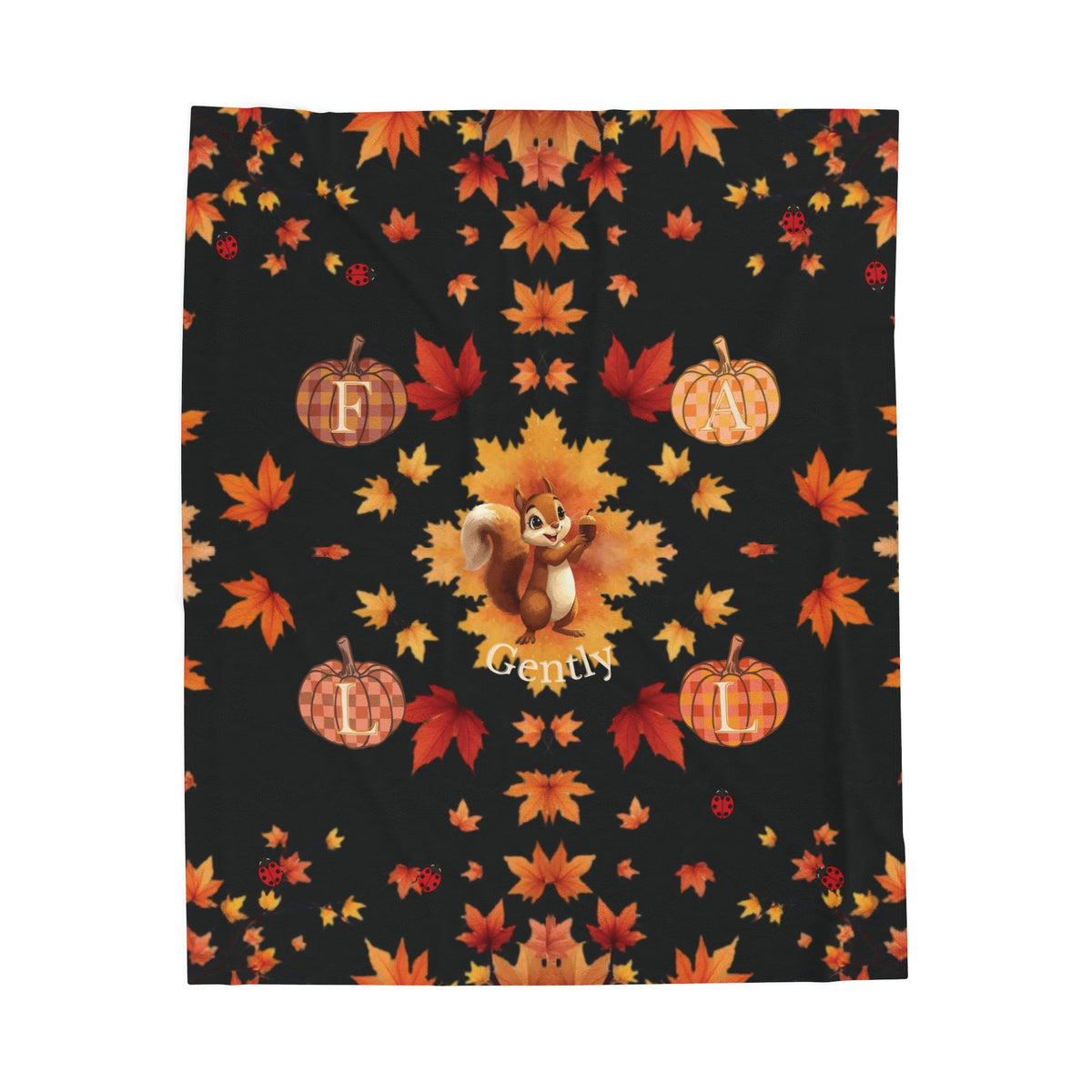 Fall Gently Velveteen Plush Blanket | Cozy Autumn Squirrel & Pumpkin Throw