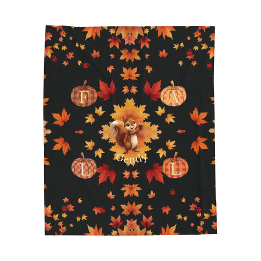 Fall Gently Velveteen Plush Blanket | Cozy Autumn Squirrel & Pumpkin Throw