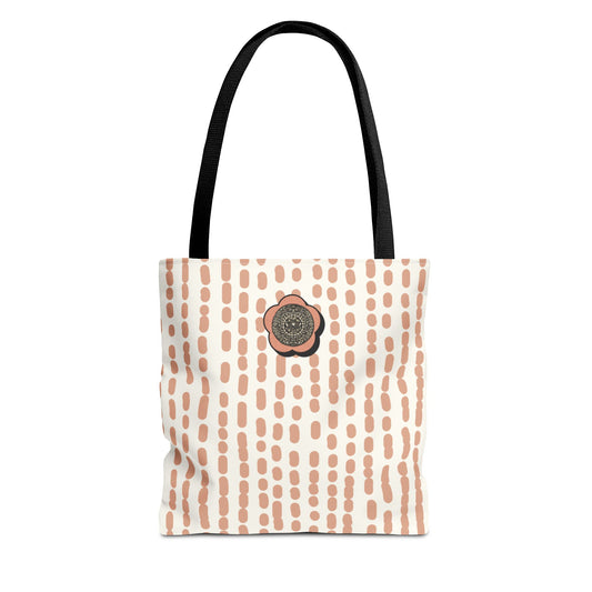 Elegant Bohemian Style Peach Abstract Tote With Medallion Accent Stylish Everyday vertical Pattern Carryall Fashionable Multipurpose Shopper