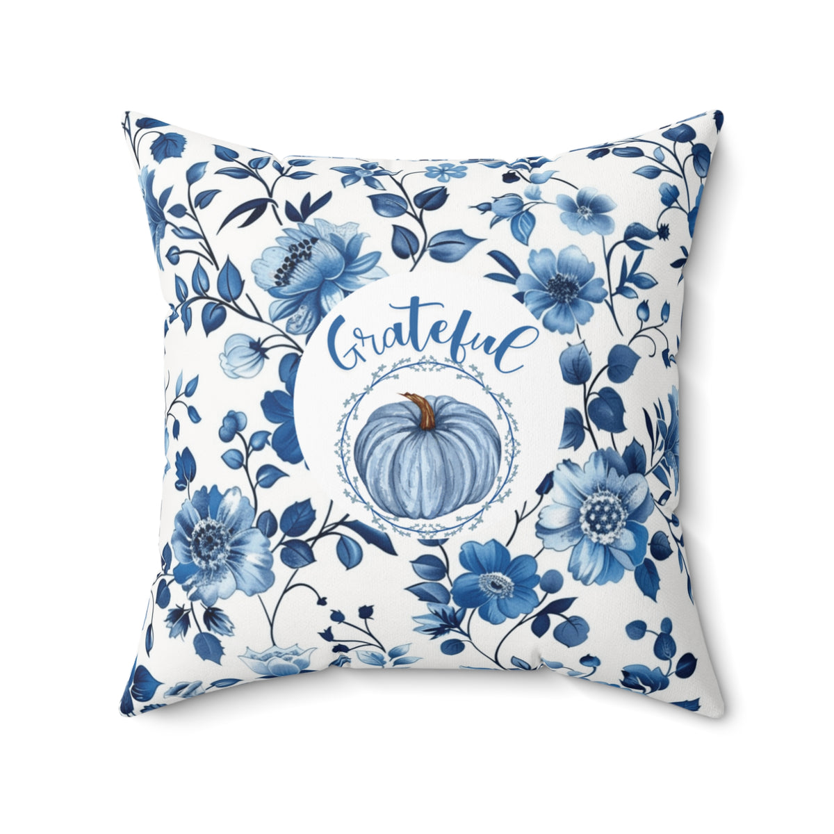 Thankful Grateful Reversible Fall Pillow | Blue Floral Pumpkin Thanksgiving Decor | Double-Sided Autumn Accent Pillow