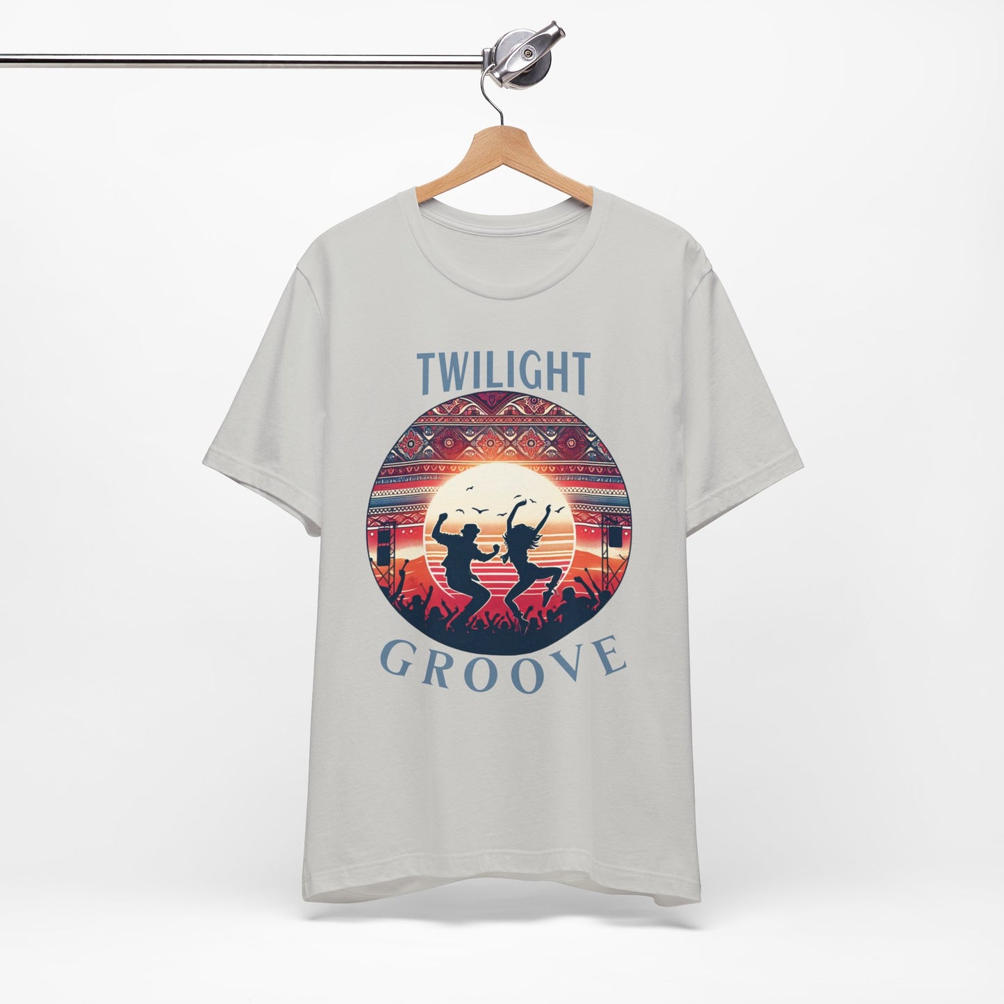 Desert Festival Tee Twilight Groove Silhouette Dancing Couple Bohemian Desert Music Shirt Boho Sunset Dance Top for Outdoor Music Lovers