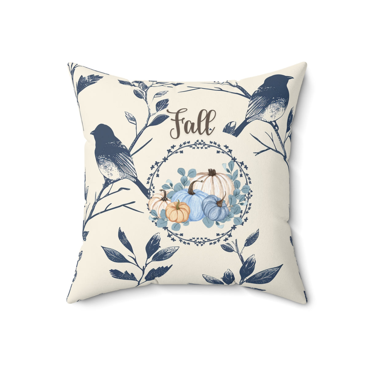 Blue Bird & Pumpkin Fall Pillow — Cream Autumn Accent Decor