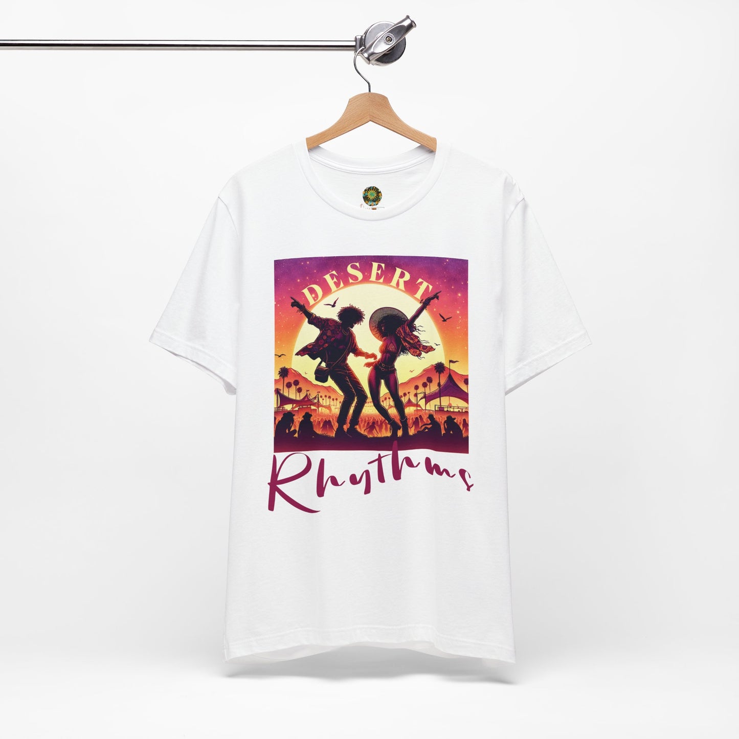 Festival Silhouette T-Shirt Trendy Desert Rhythms Top for Festival-Goers Dancing Couple Tee for Music Lovers