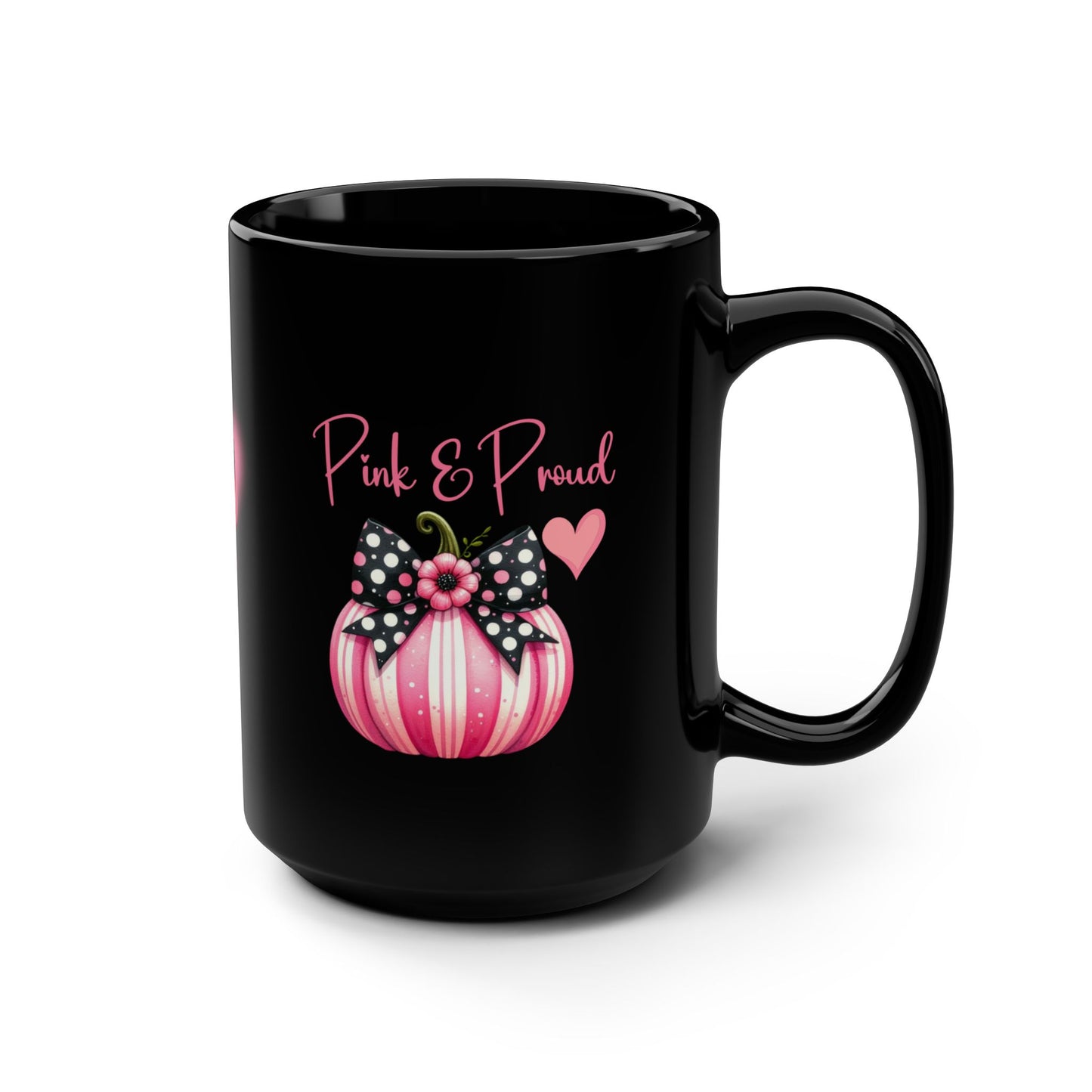 Inspirational Pink Striped Pumpkin Black 15oz Mug for Breast Cancer Awareness Motivational Message Mug Gift for Her Pink and Proud Mug