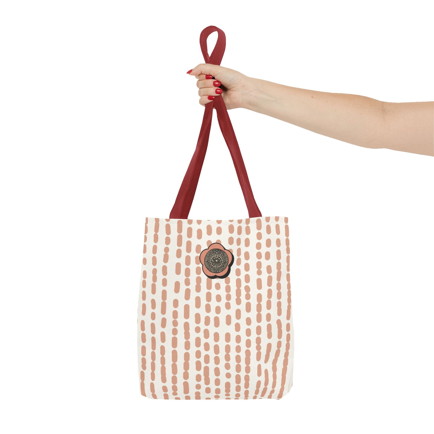 Elegant Bohemian Style Peach Abstract Tote With Medallion Accent Stylish Everyday vertical Pattern Carryall Fashionable Multipurpose Shopper