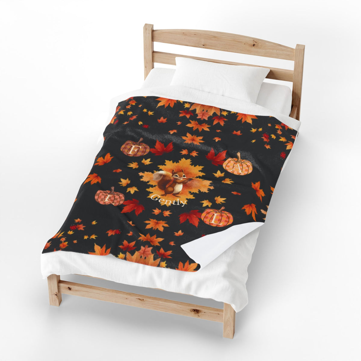 Fall Gently Velveteen Plush Blanket | Cozy Autumn Squirrel & Pumpkin Throw