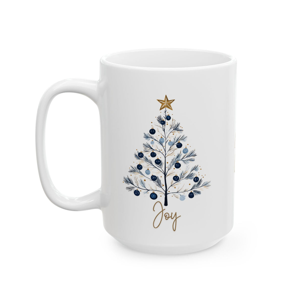 Joy Blue & Gold Christmas 15 oz Mug | Elegant Winter Tree Coffee Cup