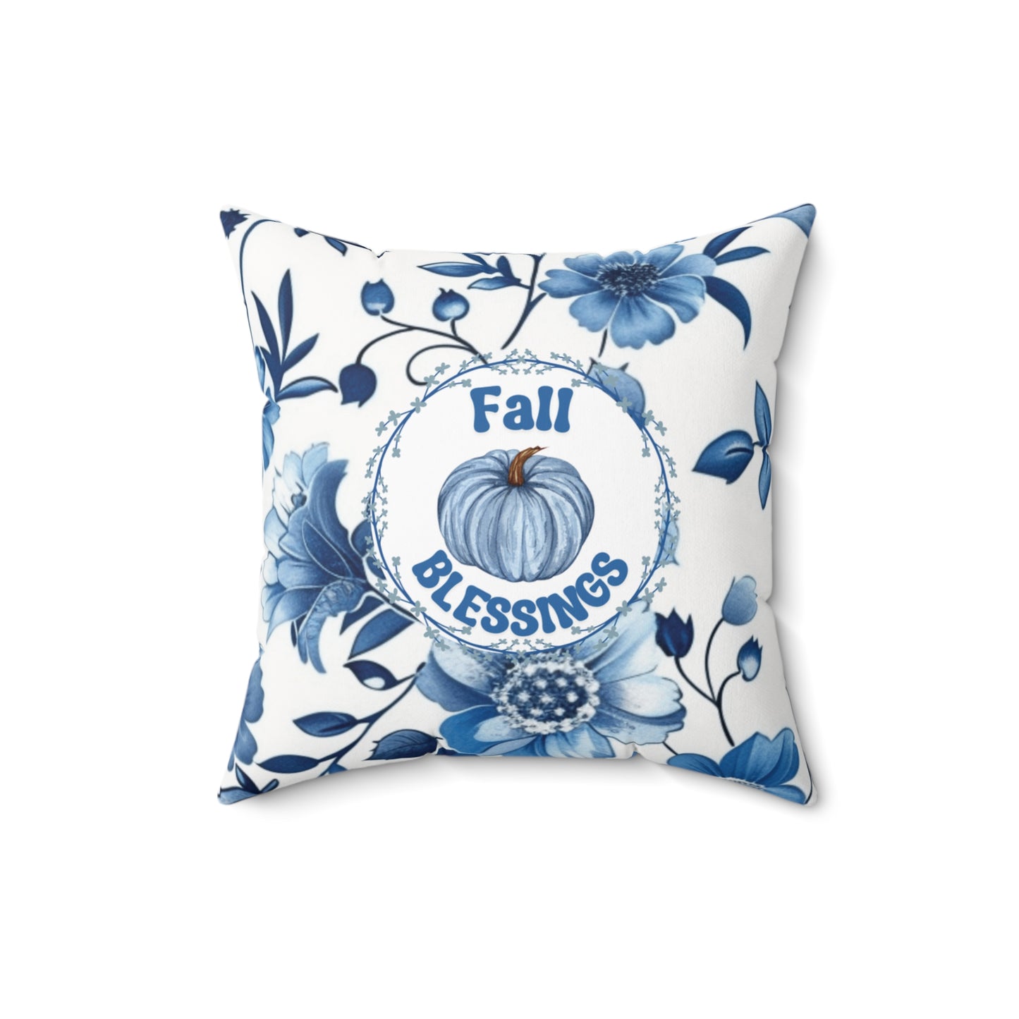 Thanksgiving Blue Floral Pillow Pumpkin Themed Seasonal Throw Cushion Modern Fall Accent Holiday Pillow Double-Sided Gift For Her