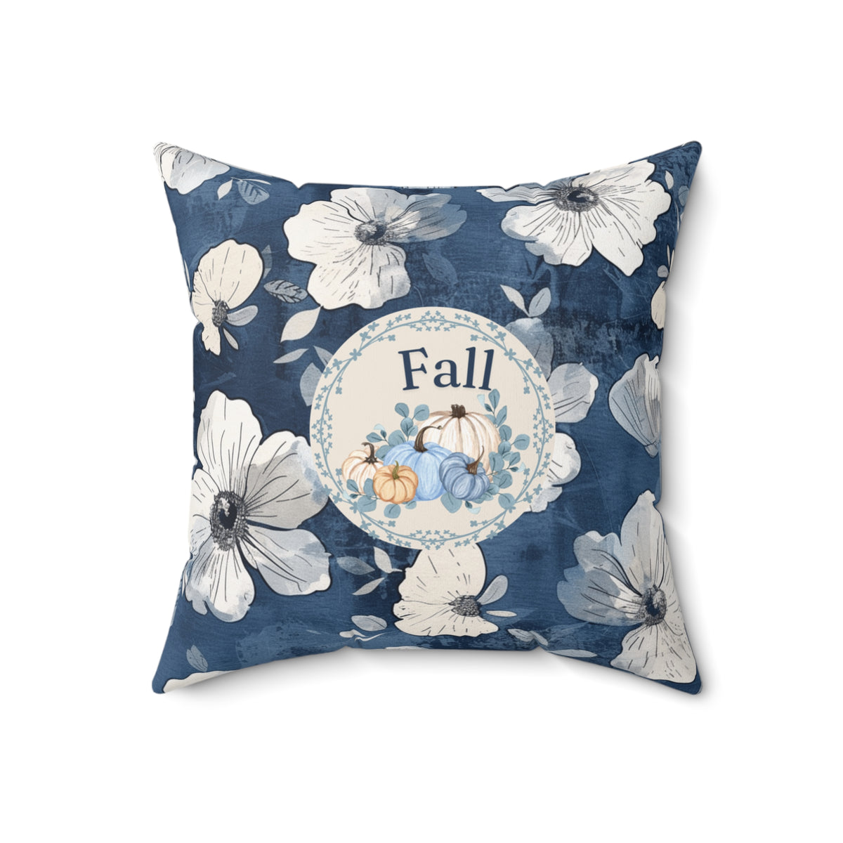 Blue Floral Fall Pumpkin Pillow — Autumn Accent Decor