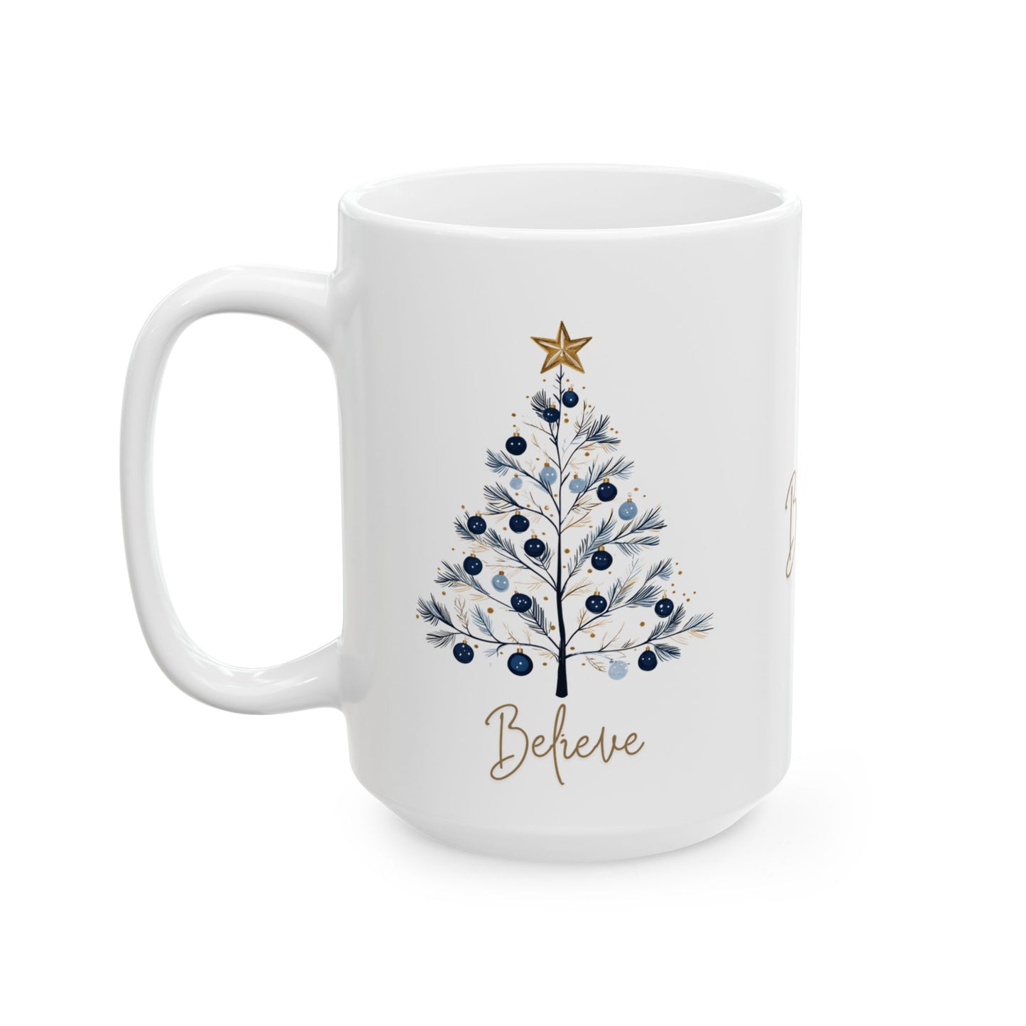 Believe Blue & Gold Christmas 15 oz Mug | Elegant Winter Tree Coffee Cup