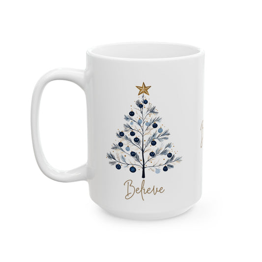 Believe Blue & Gold Christmas 15 oz Mug | Elegant Winter Tree Coffee Cup