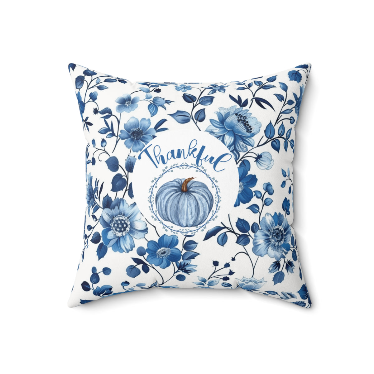 Thankful Grateful Reversible Fall Pillow | Blue Floral Pumpkin Thanksgiving Decor | Double-Sided Autumn Accent Pillow