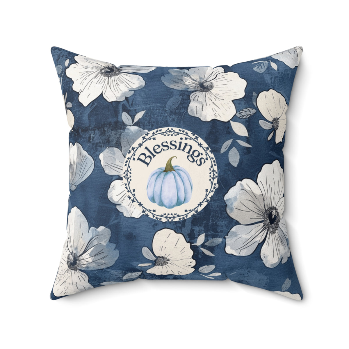 Blessings Blue Floral Pumpkin Pillow