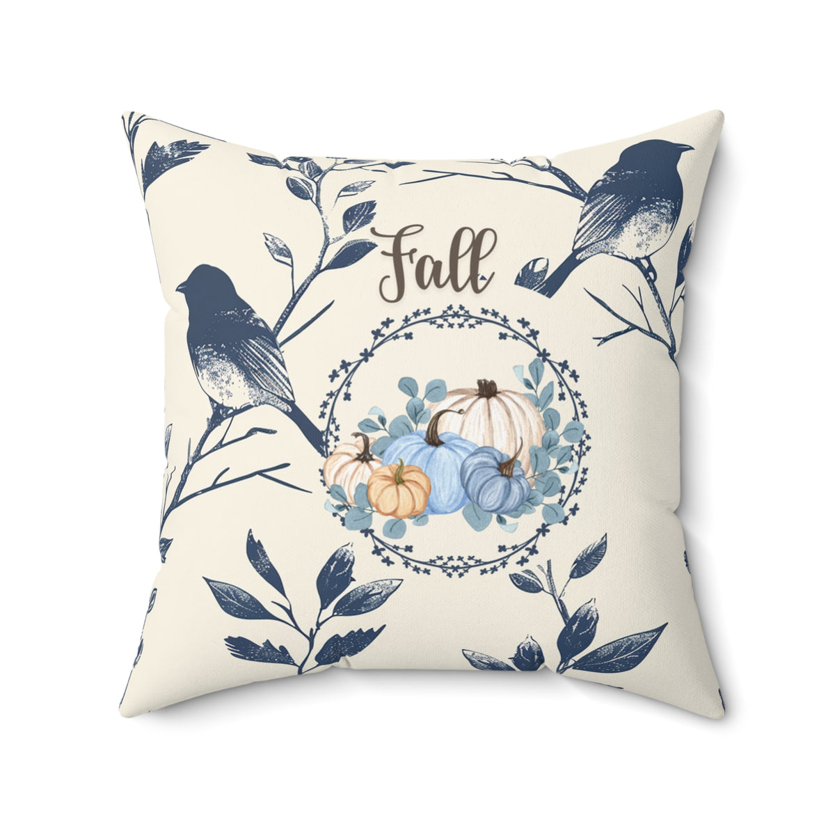 Blue Bird & Pumpkin Fall Pillow — Cream Autumn Accent Decor
