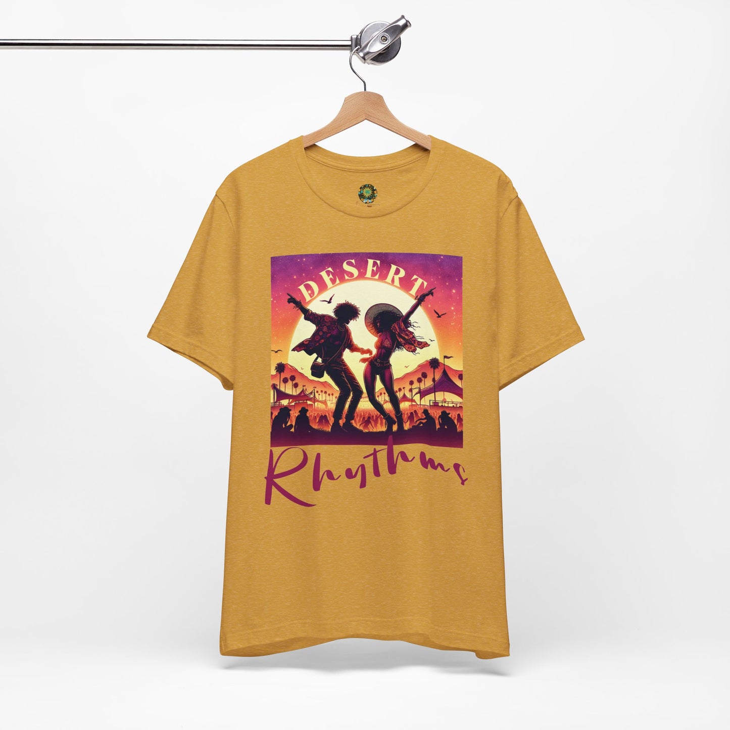 Festival Silhouette T-Shirt Trendy Desert Rhythms Top for Festival-Goers Dancing Couple Tee for Music Lovers