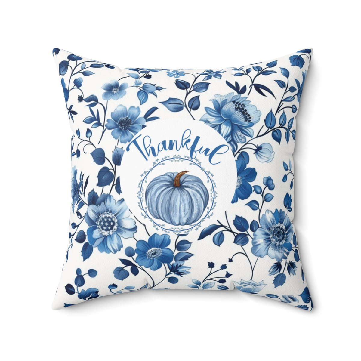 Thankful Grateful Reversible Fall Pillow | Blue Floral Pumpkin Thanksgiving Decor | Double-Sided Autumn Accent Pillow