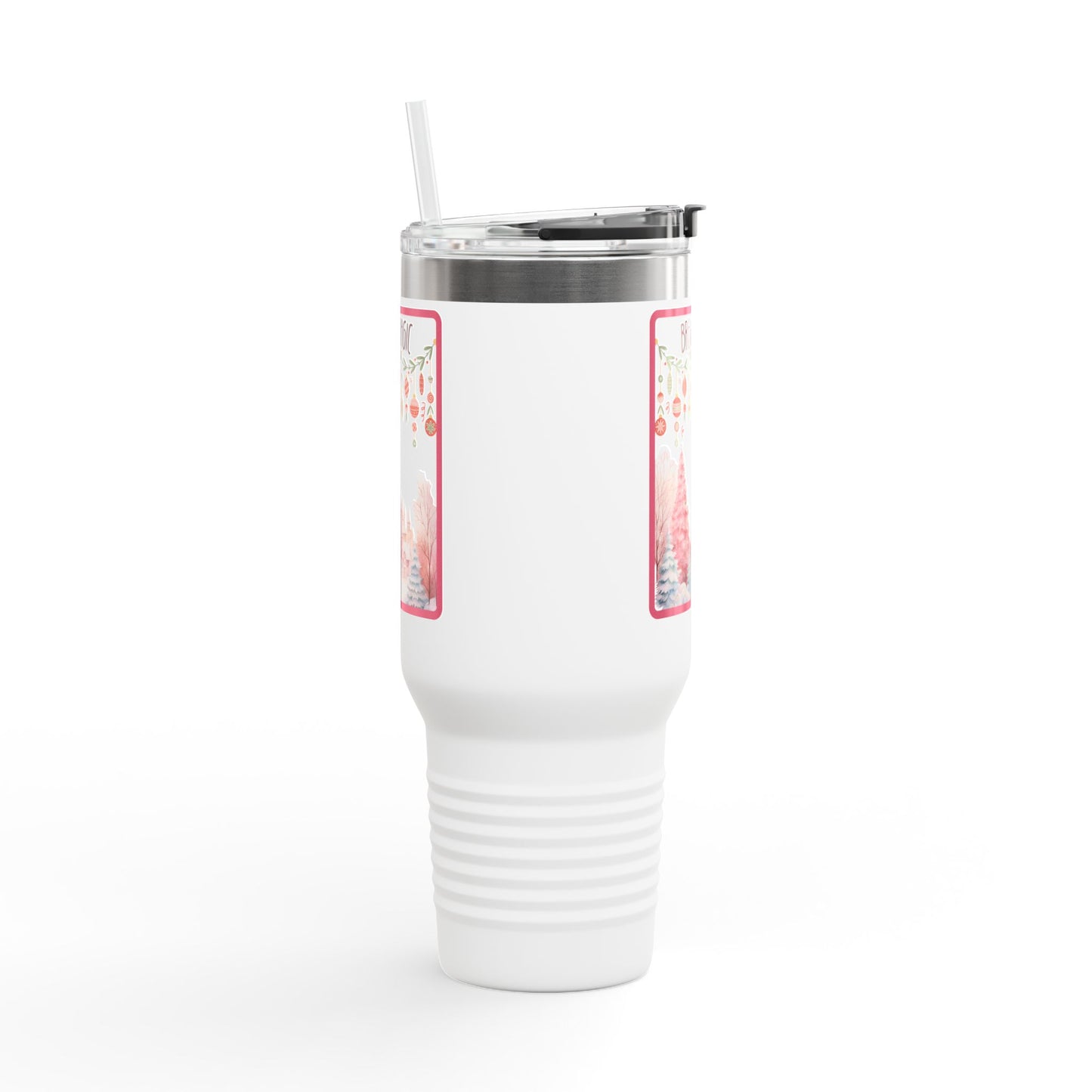 Brew Magic Christmas 40 oz Tumbler | Pink Holiday Travel Mug | Whimsical Winter Coffee Cup