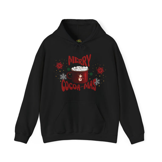 Merry Cocoa-mas Christmas Hoodie Cozy Holiday Sweatshirt with Marshmallow Mug Design Soft Winter Pullover Gift for Cocoa Lovers