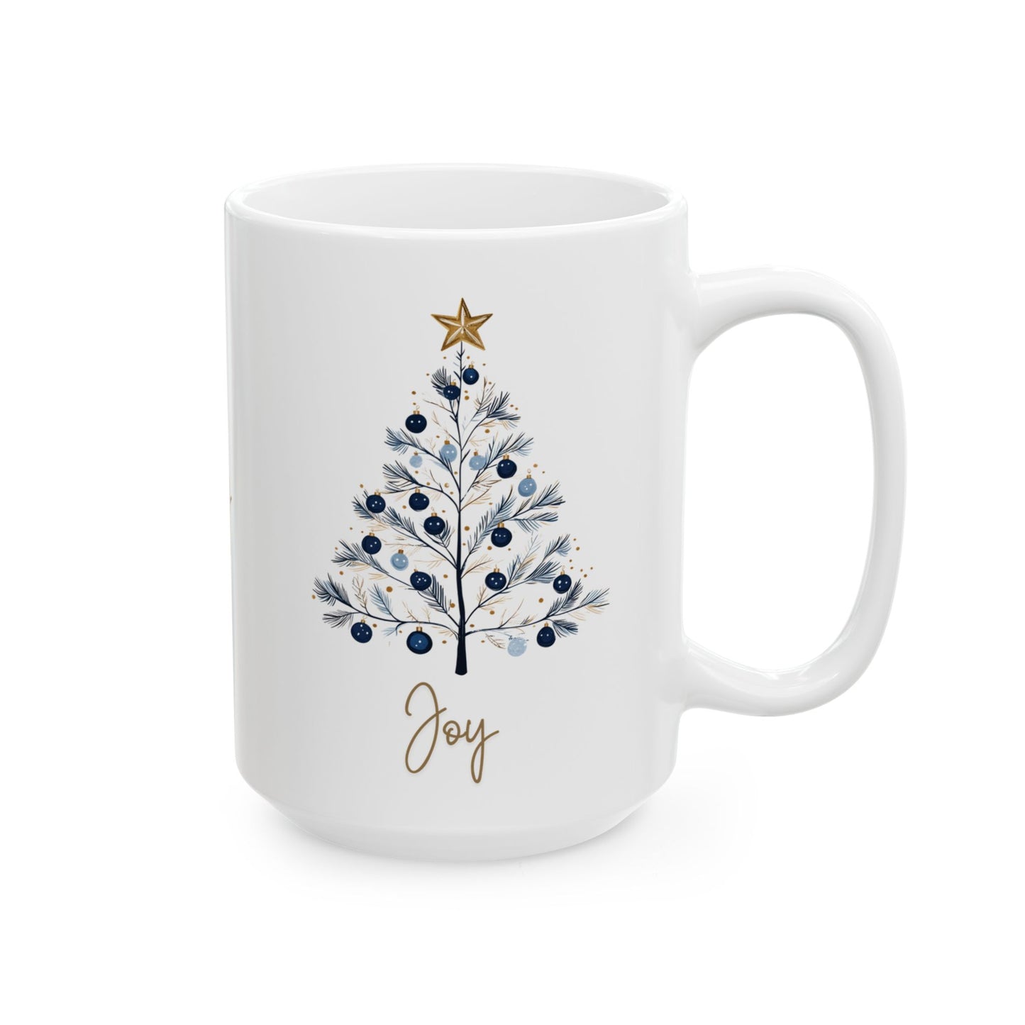 Joy Blue & Gold Christmas 15 oz Mug | Elegant Winter Tree Coffee Cup