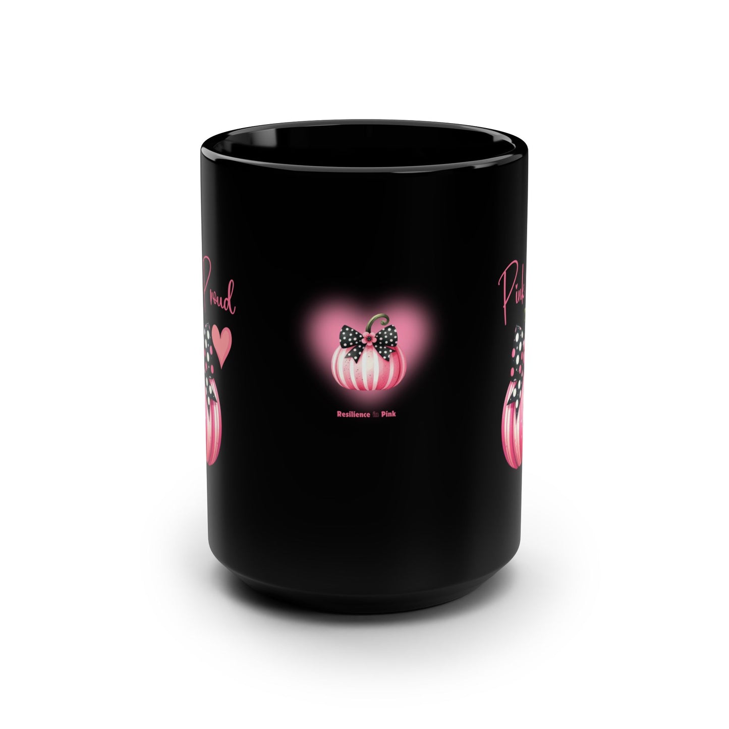 Inspirational Pink Striped Pumpkin Black 15oz Mug for Breast Cancer Awareness Motivational Message Mug Gift for Her Pink and Proud Mug