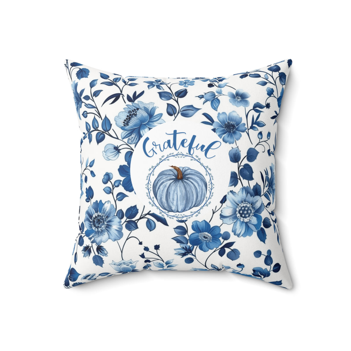 Thankful Grateful Reversible Fall Pillow | Blue Floral Pumpkin Thanksgiving Decor | Double-Sided Autumn Accent Pillow
