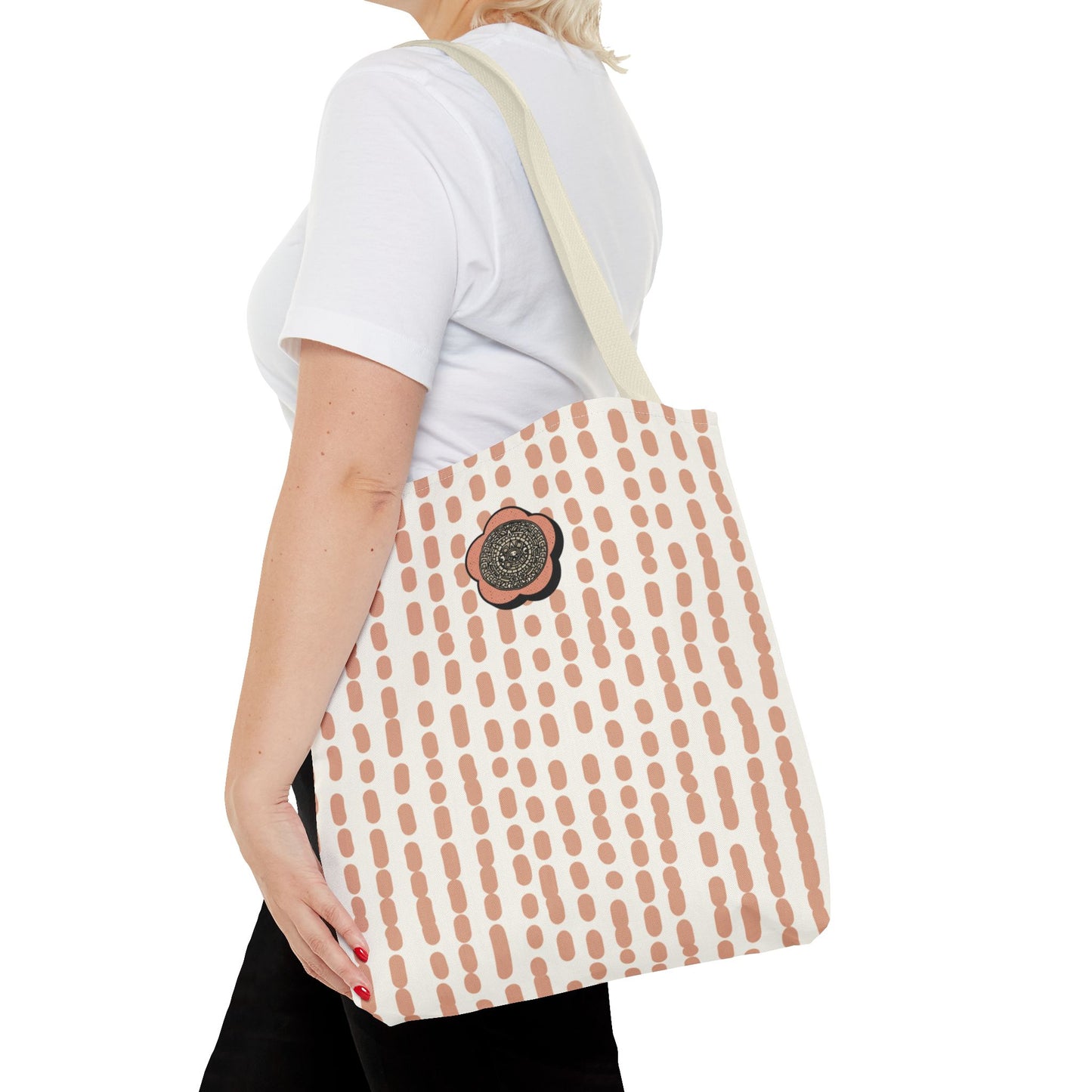 Elegant Bohemian Style Peach Abstract Tote With Medallion Accent Stylish Everyday vertical Pattern Carryall Fashionable Multipurpose Shopper