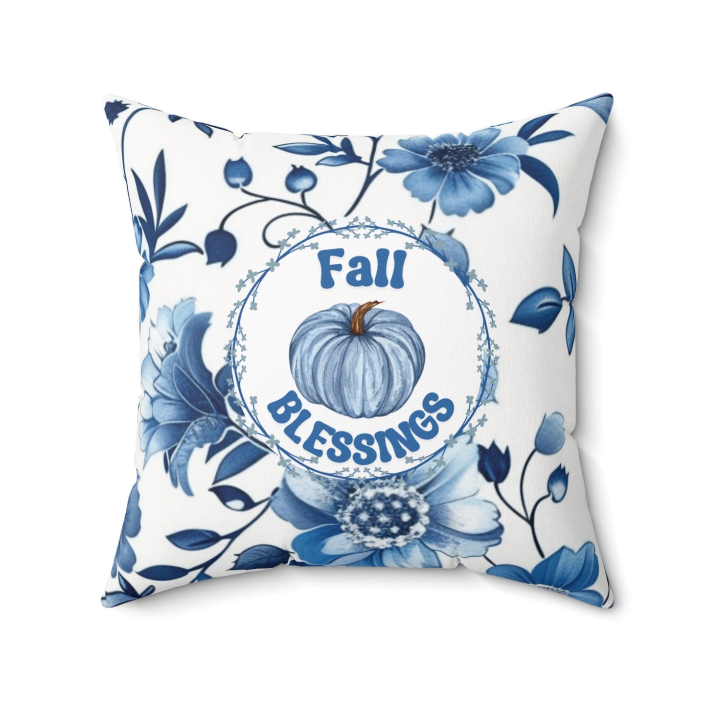 Thanksgiving Blue Floral Pillow Pumpkin Themed Seasonal Throw Cushion Modern Fall Accent Holiday Pillow Double-Sided Gift For Her