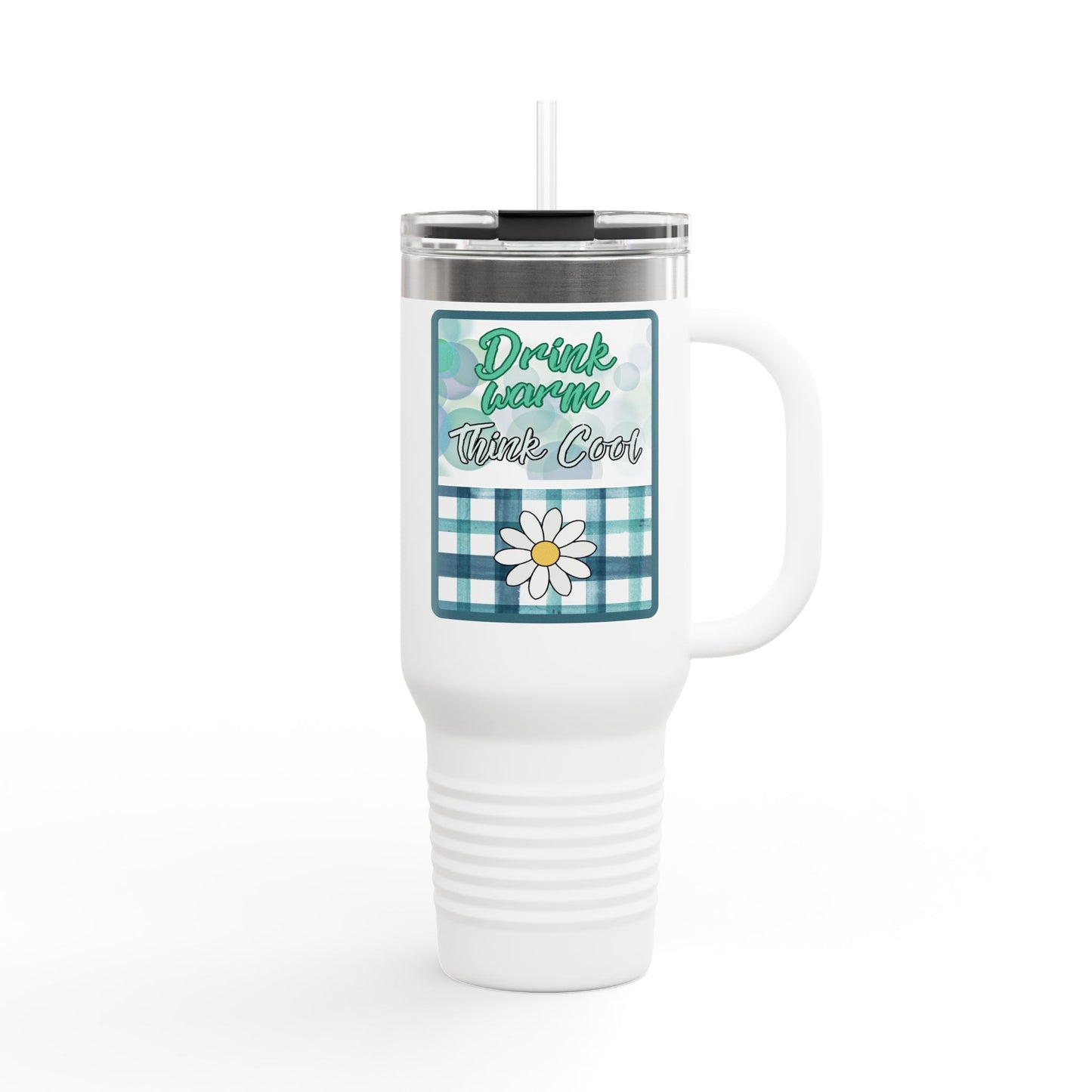 Drink Warm, Think Cool 40 oz Tumbler | Teal Daisy Travel Mug | Playful Everyday Drinkware