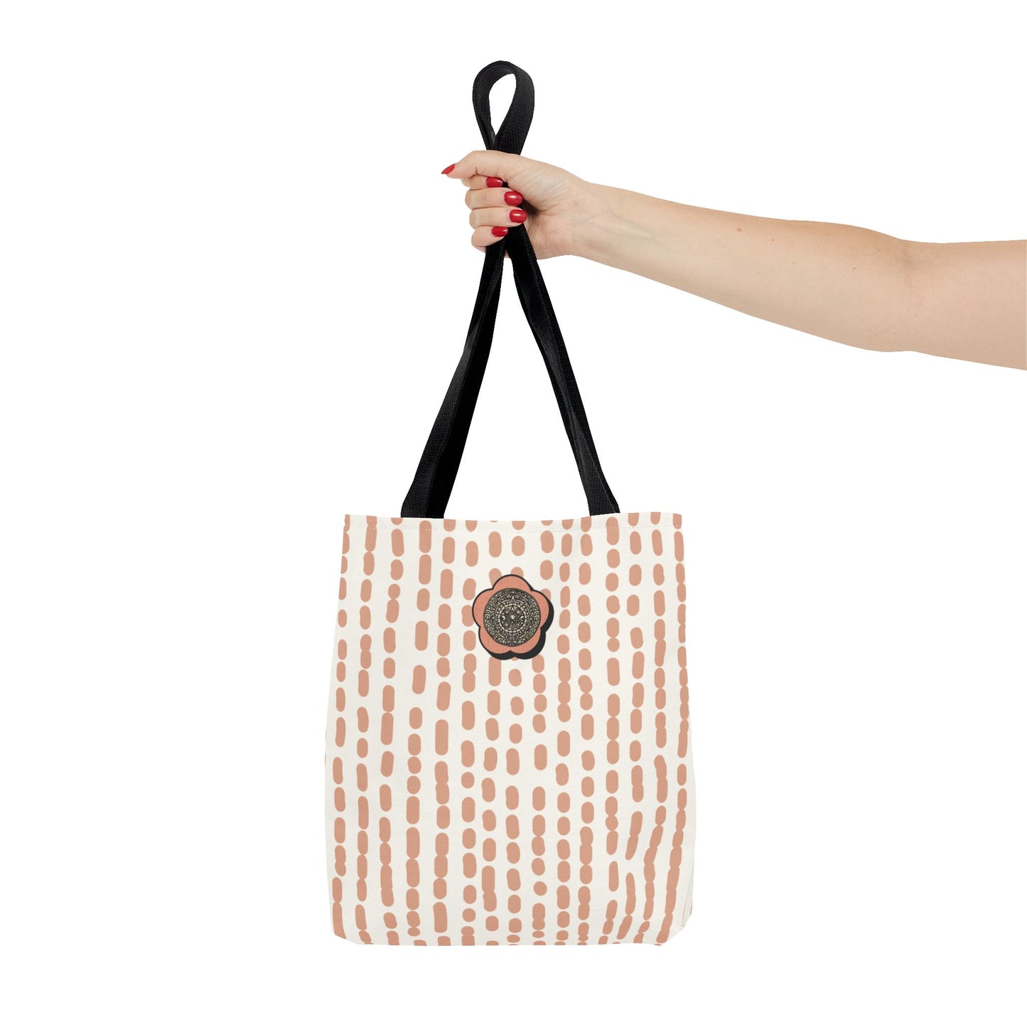 Elegant Bohemian Style Peach Abstract Tote With Medallion Accent Stylish Everyday vertical Pattern Carryall Fashionable Multipurpose Shopper