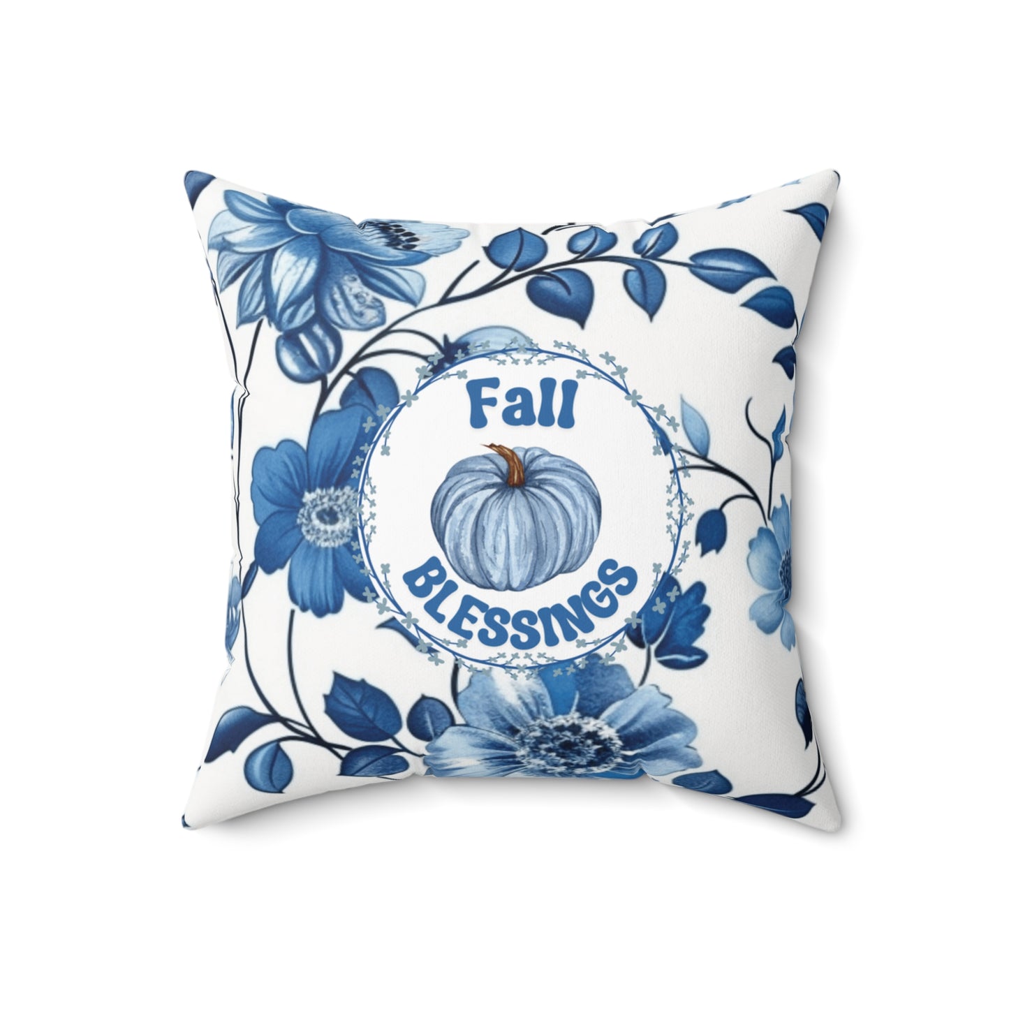 Thanksgiving Blue Floral Pillow Pumpkin Themed Seasonal Throw Cushion Modern Fall Accent Holiday Pillow Double-Sided Gift For Her