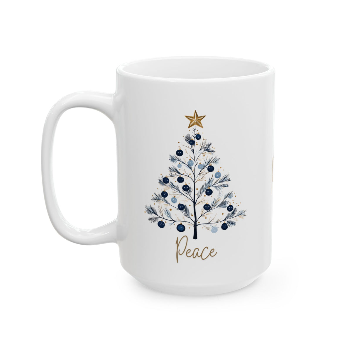 Peace Blue & Gold Christmas 15 oz Mug | Elegant Winter Tree Coffee Cup