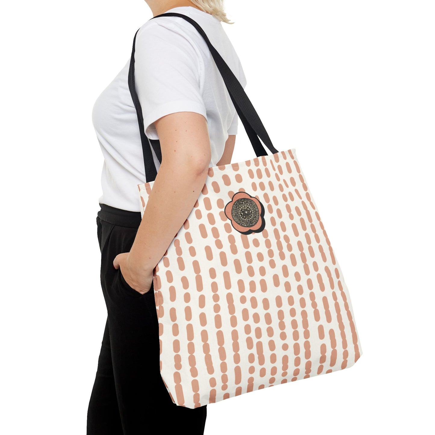 Elegant Bohemian Style Peach Abstract Tote With Medallion Accent Stylish Everyday vertical Pattern Carryall Fashionable Multipurpose Shopper