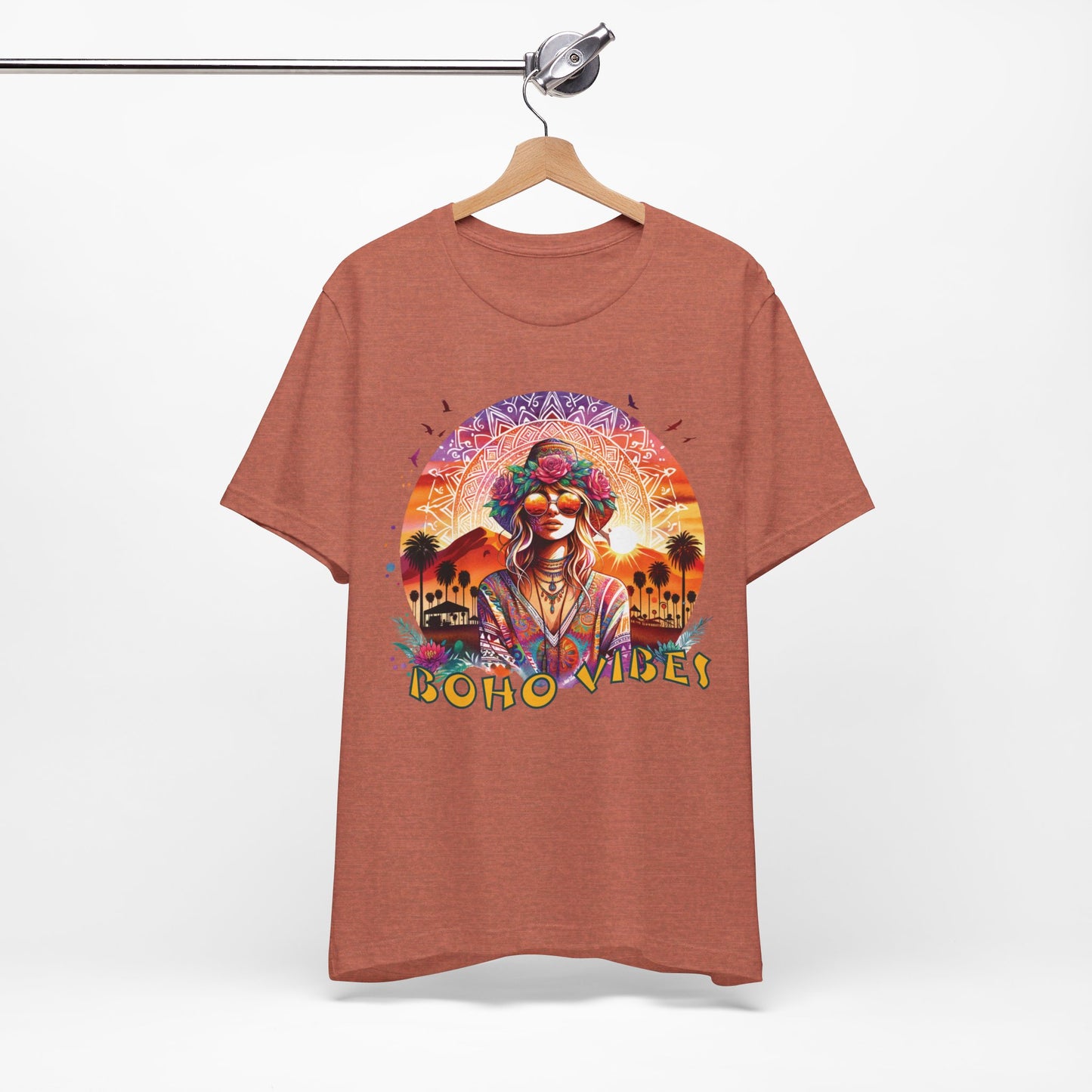 Boho Vibes T-Shirt Bohemian Festival Tee with Flower Crown Graphic for Music Lovers and Desert Style Events