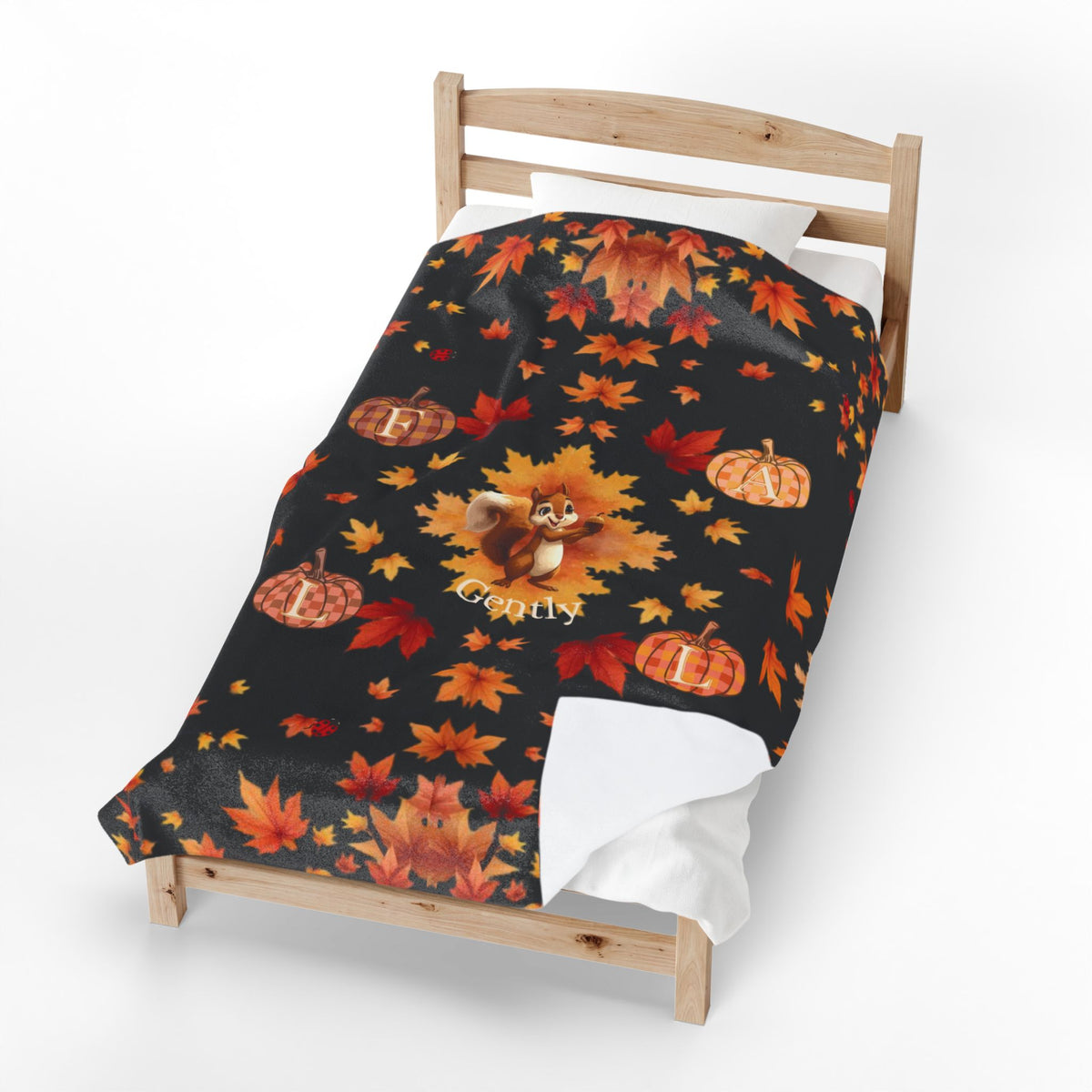 Fall Gently Velveteen Plush Blanket | Cozy Autumn Squirrel & Pumpkin Throw