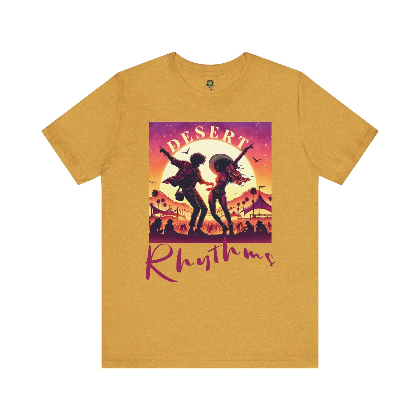 Festival Silhouette T-Shirt Trendy Desert Rhythms Top for Festival-Goers Dancing Couple Tee for Music Lovers