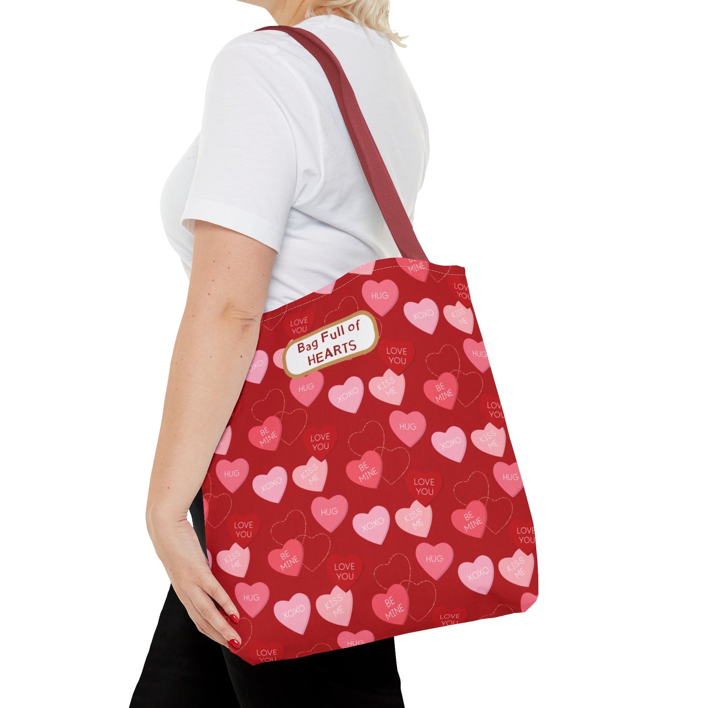 Red Candy Heart Valentine's Tote For Gifting Romantic Reusable Everyday Carry Bag For Women Durable Heart-Filled Shopping Tote Everyday Carryall