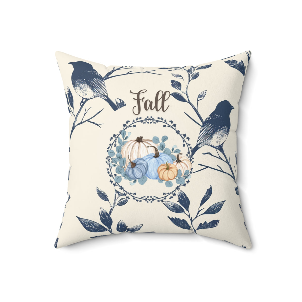 Blue Bird & Pumpkin Fall Pillow — Cream Autumn Accent Decor