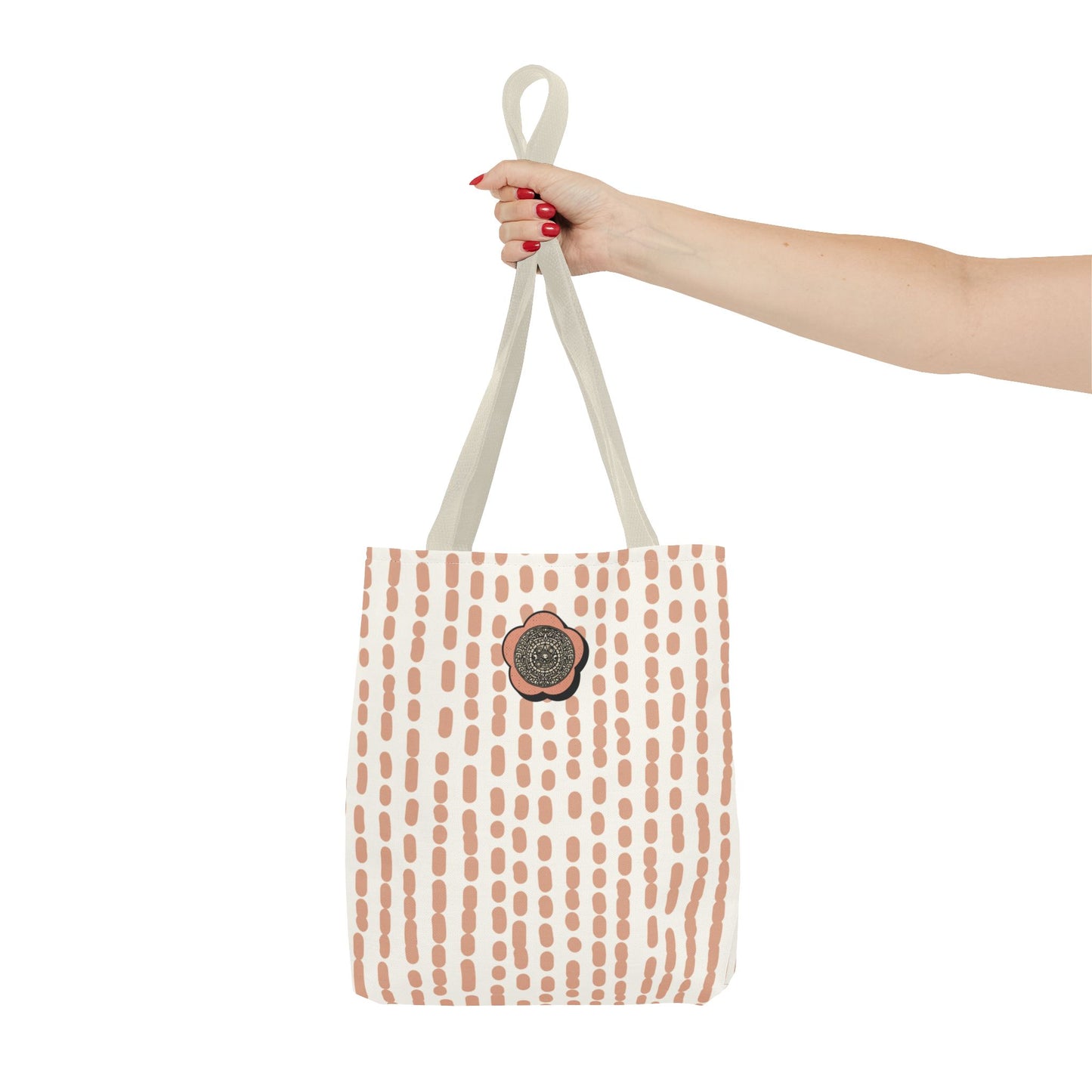 Elegant Bohemian Style Peach Abstract Tote With Medallion Accent Stylish Everyday vertical Pattern Carryall Fashionable Multipurpose Shopper