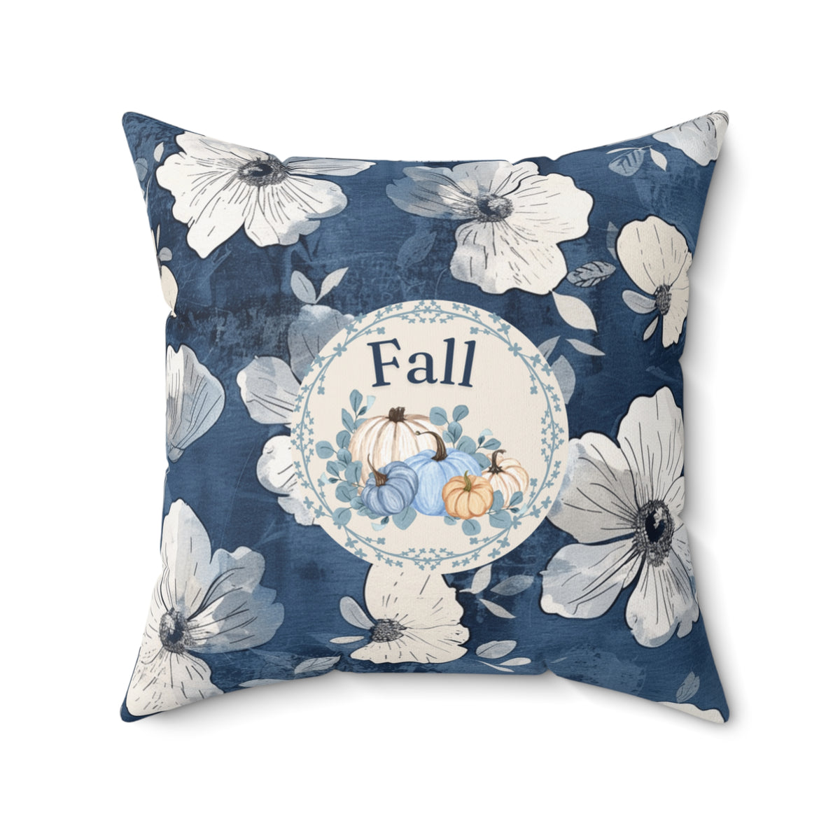 Blue Floral Fall Pumpkin Pillow — Autumn Accent Decor