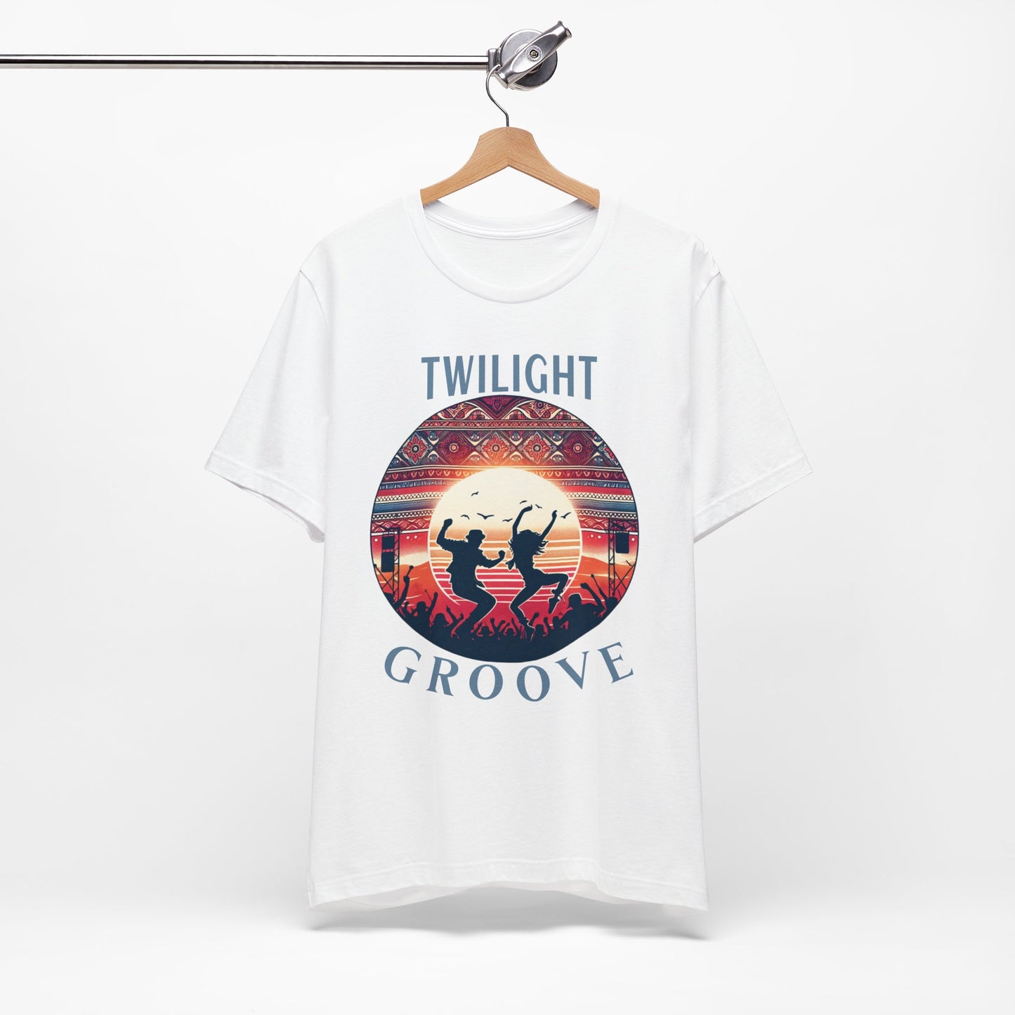 Desert Festival Tee Twilight Groove Silhouette Dancing Couple Bohemian Desert Music Shirt Boho Sunset Dance Top for Outdoor Music Lovers