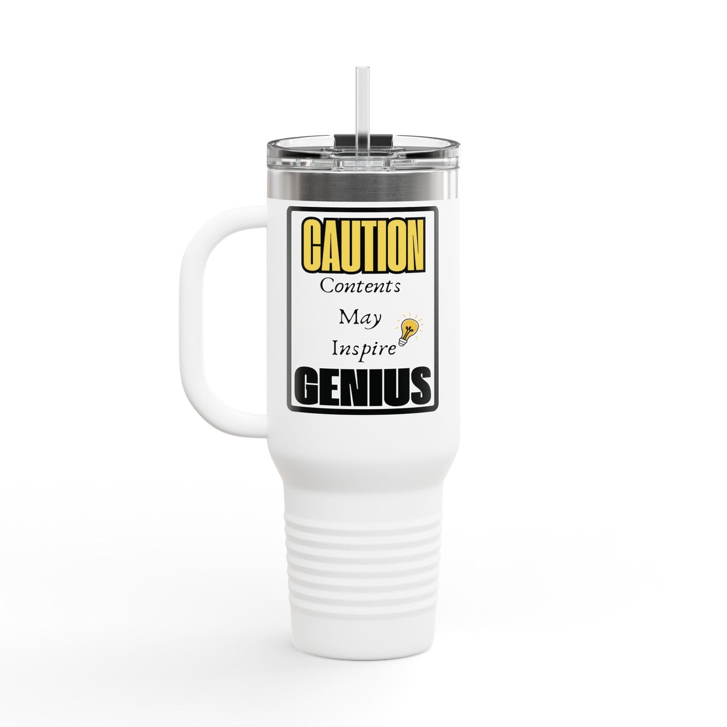 Caution: Contents May Inspire Genius 40 oz Tumbler | Funny Motivational Travel Mug | Everyday Gift Drinkware