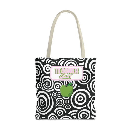 Fashionable Black and White Patterned Teacher Tote Geometric Circles Multipurpose Everyday Use Functional Educator Apple Design Gift Bag