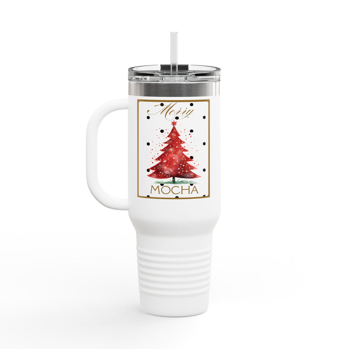 Mocha Christmas 40 oz Tumbler | Red Tree Holiday Travel Mug | Whimsical Winter Drinkware