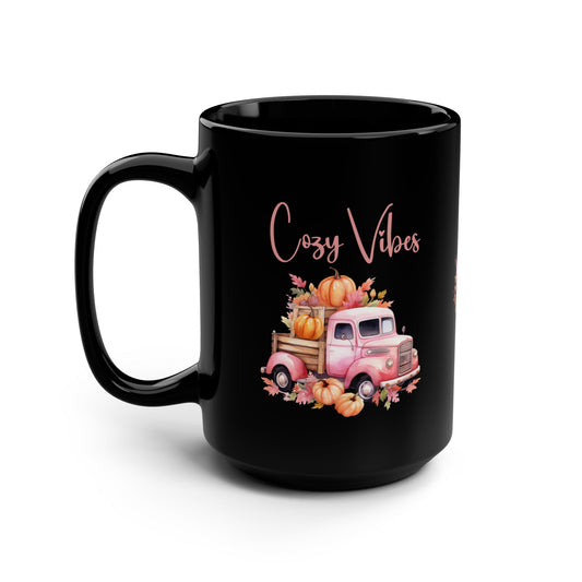 Fall Pink Pickup Truck and Pumpkins Mug Gift For Fall Lovers Cozy Vibes Black 15oz Mug For Holiday Fun Seasonal Autumn Mug