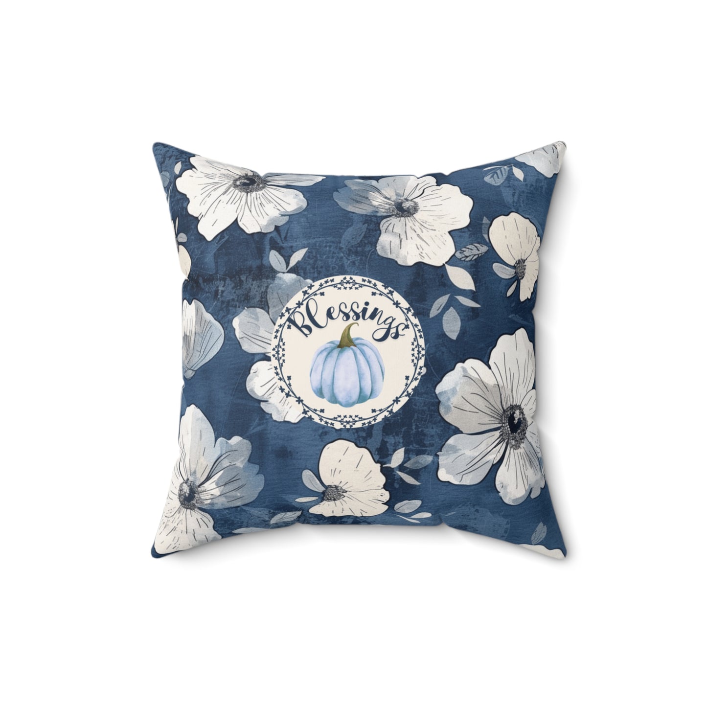 Thanksgiving Home Decor Blue and White Fall Floral Pillow Seasonal Pumpkin Design Autumn Home Accent Gift for Her Throw Cushion