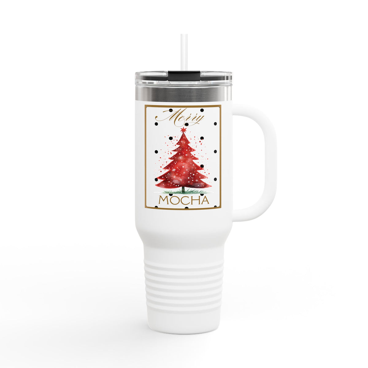 Mocha Christmas 40 oz Tumbler | Red Tree Holiday Travel Mug | Whimsical Winter Drinkware