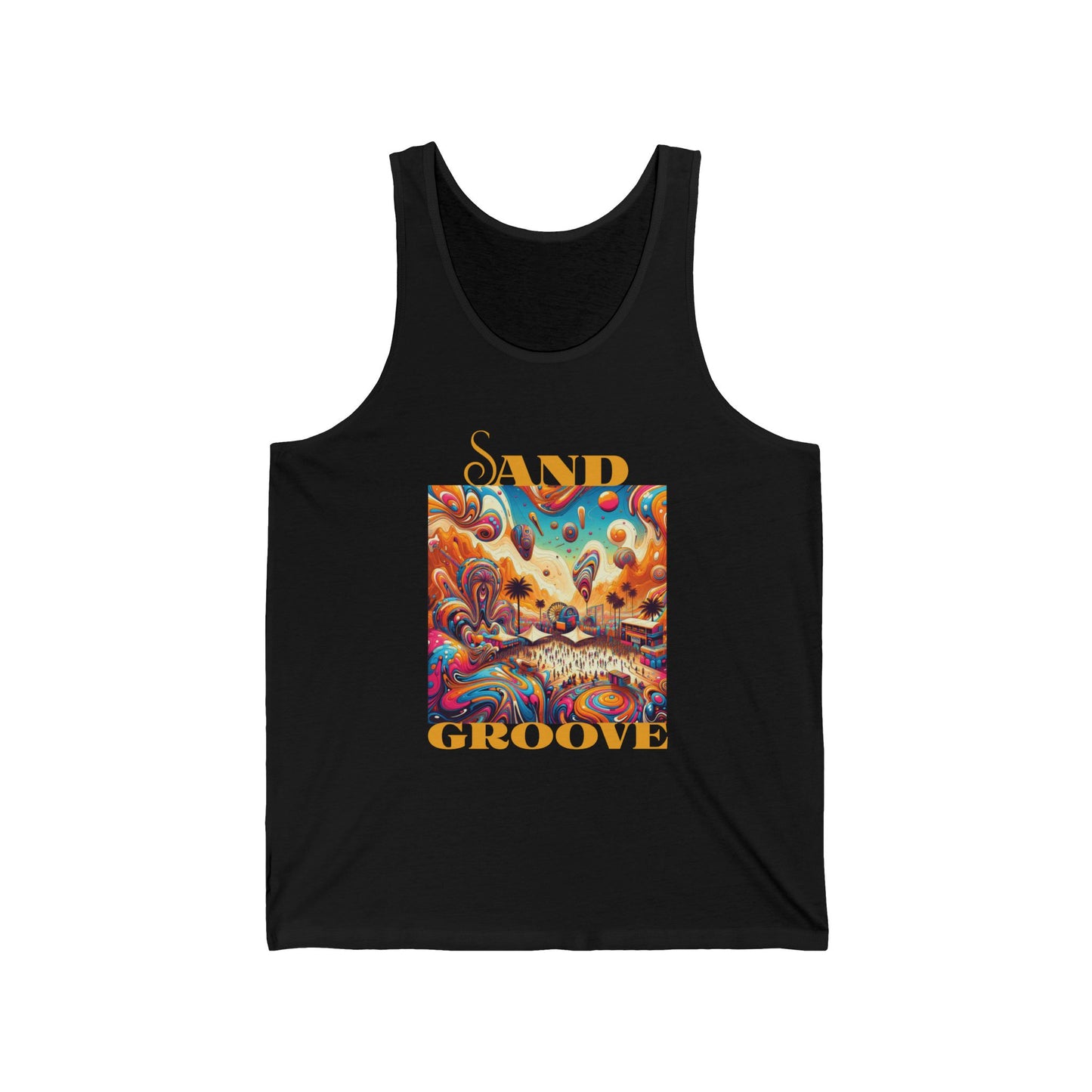 Sand Groove Retro Beats Festival Tank Artistic Desert Scene for Festival Goers Paisley Sky Design Shirt Music Lovers Top