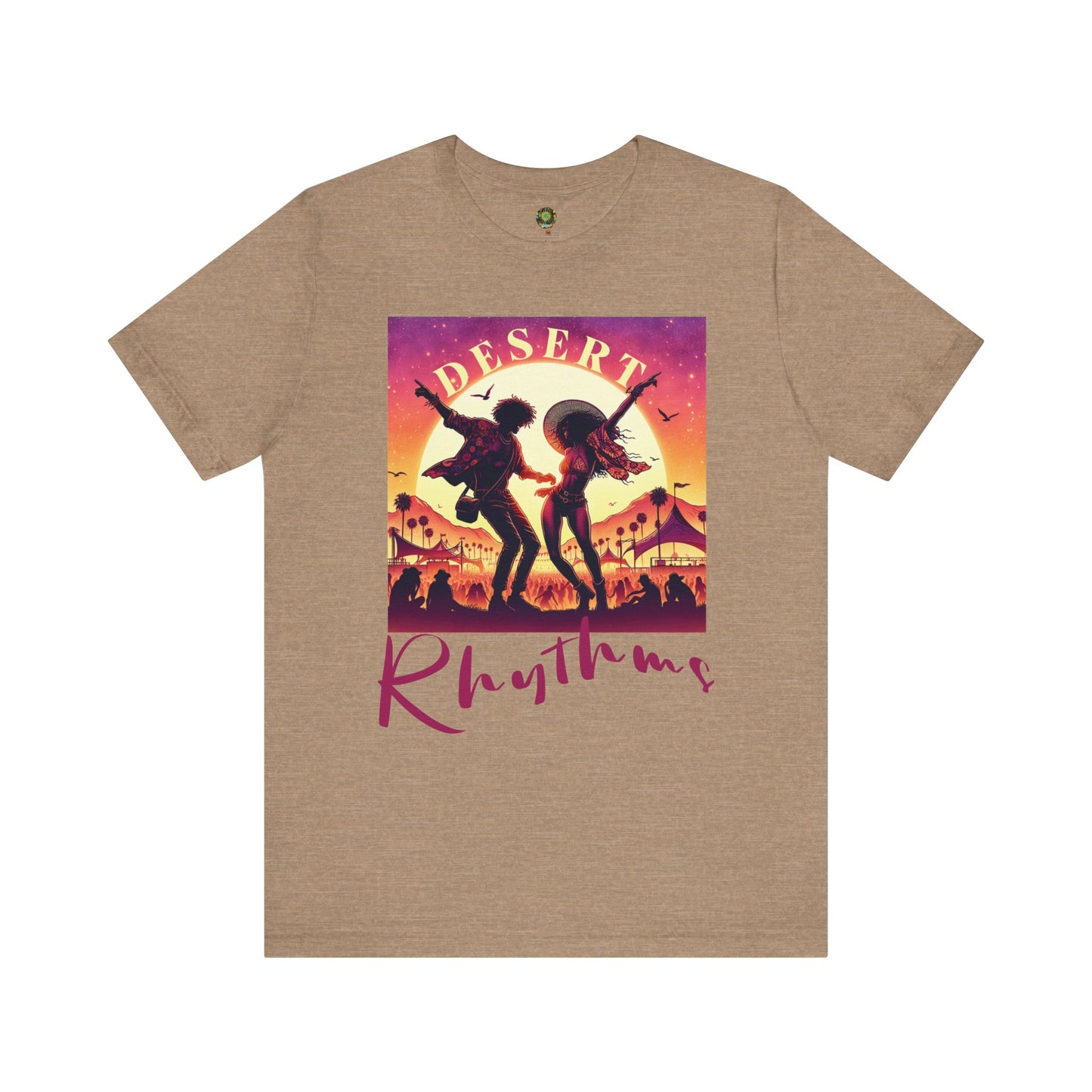 Festival Silhouette T-Shirt Trendy Desert Rhythms Top for Festival-Goers Dancing Couple Tee for Music Lovers