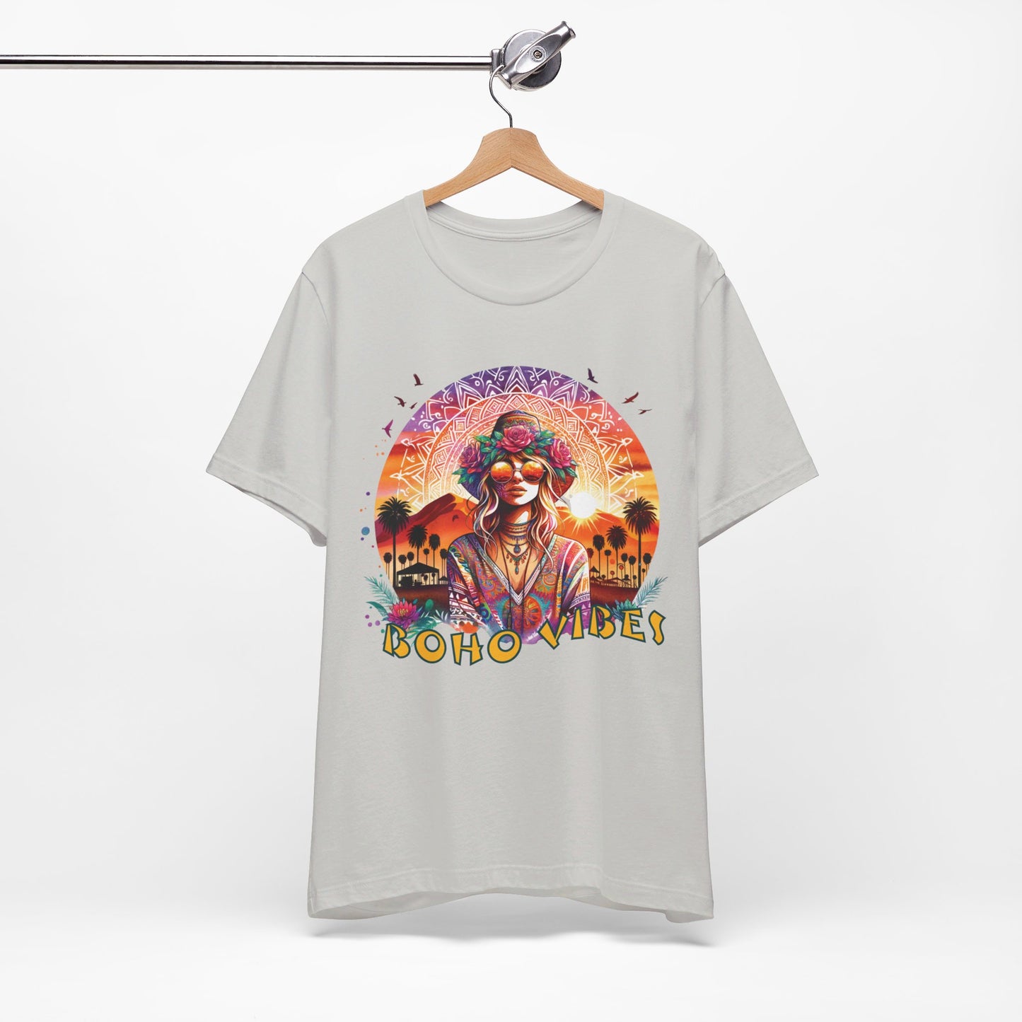 Boho Vibes T-Shirt Bohemian Festival Tee with Flower Crown Graphic for Music Lovers and Desert Style Events