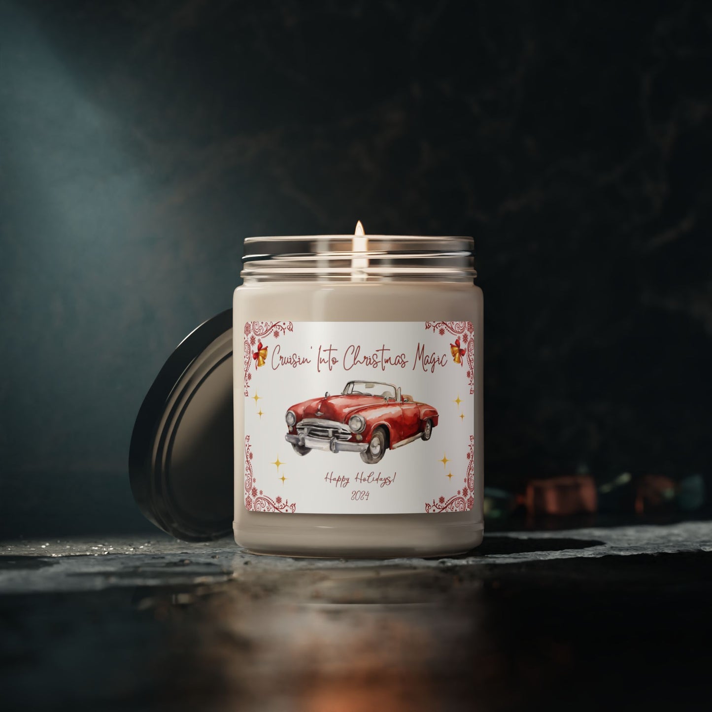 Christmas Red Convertible Festive Holiday Candle With Vintage Bells 2024 retro Holiday Car Theme Candle Gift 9oz Eco-Friendly Car Lover Gift